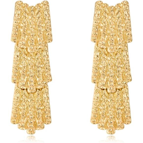 Chunky 14K Gold Plated Hammered Earrings โ Lightweight Brass Dangle Drop Earring - Picture 5 of 5